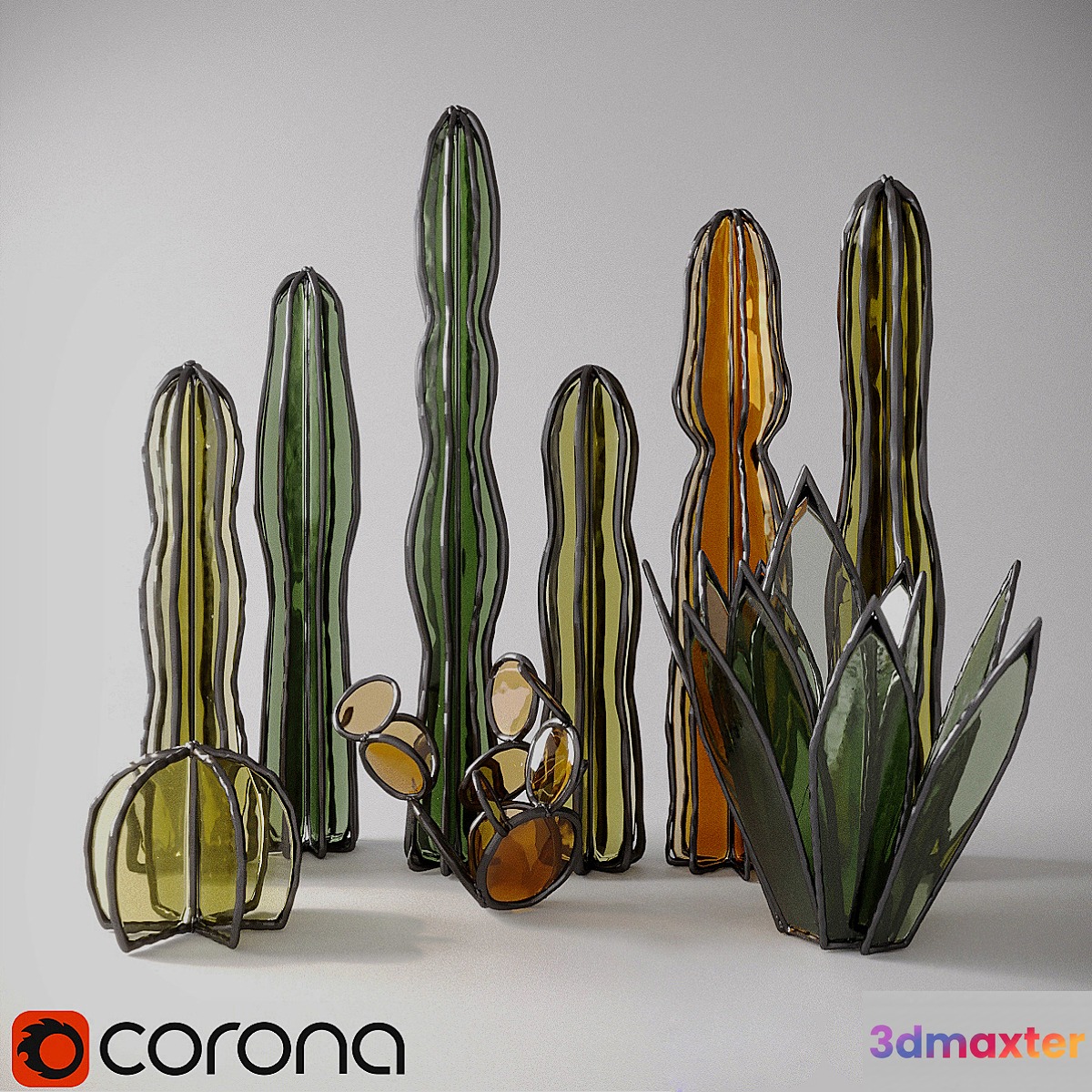 Glass cacti and succulents 3D Max