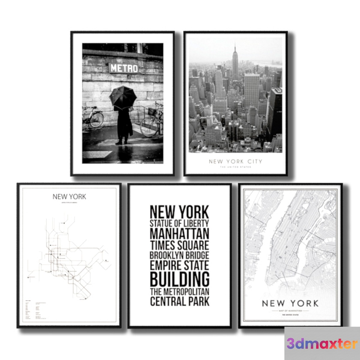 Black and white posters about the city of New York. 3D Max