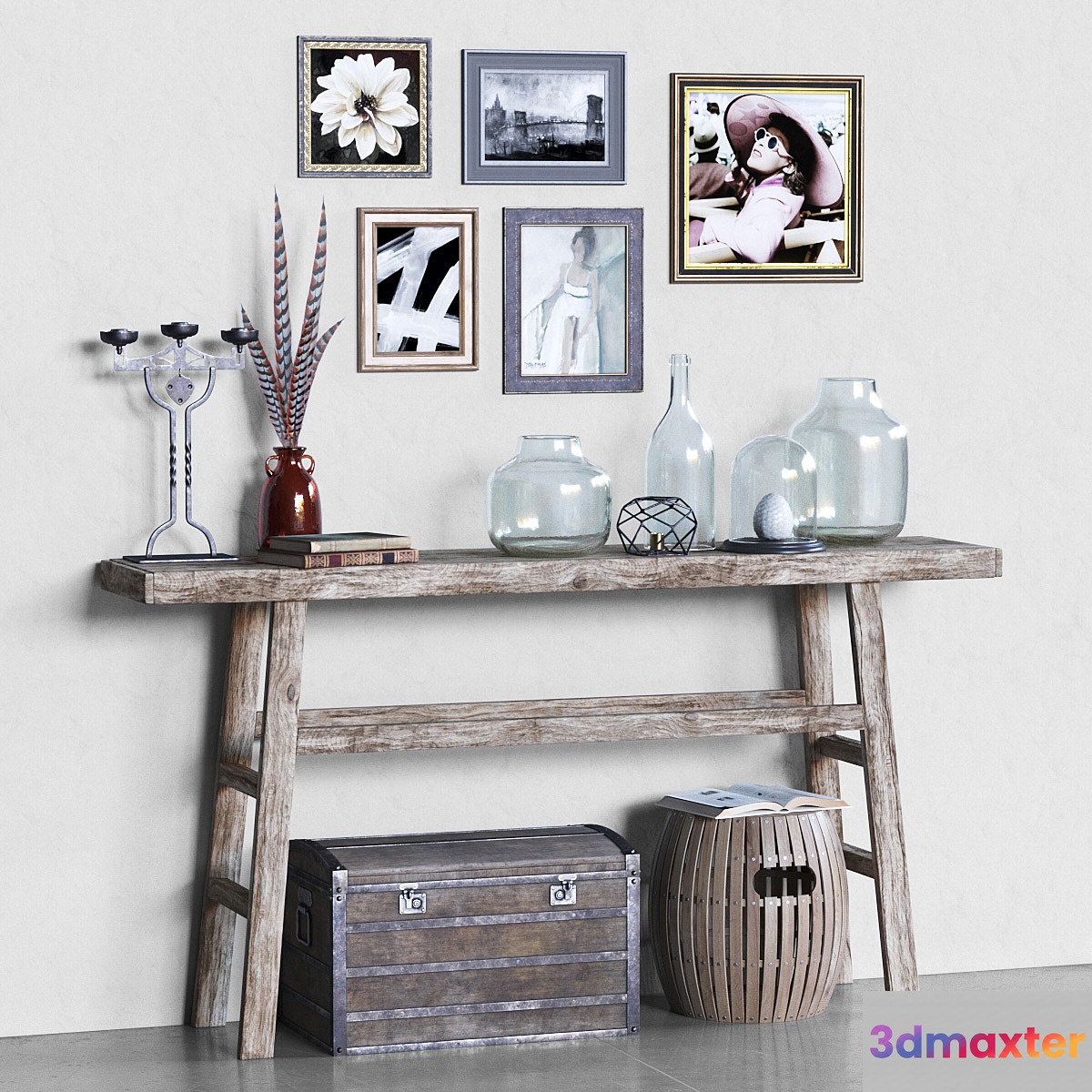Hubsch Elm Wood Console with Decor 3D Max