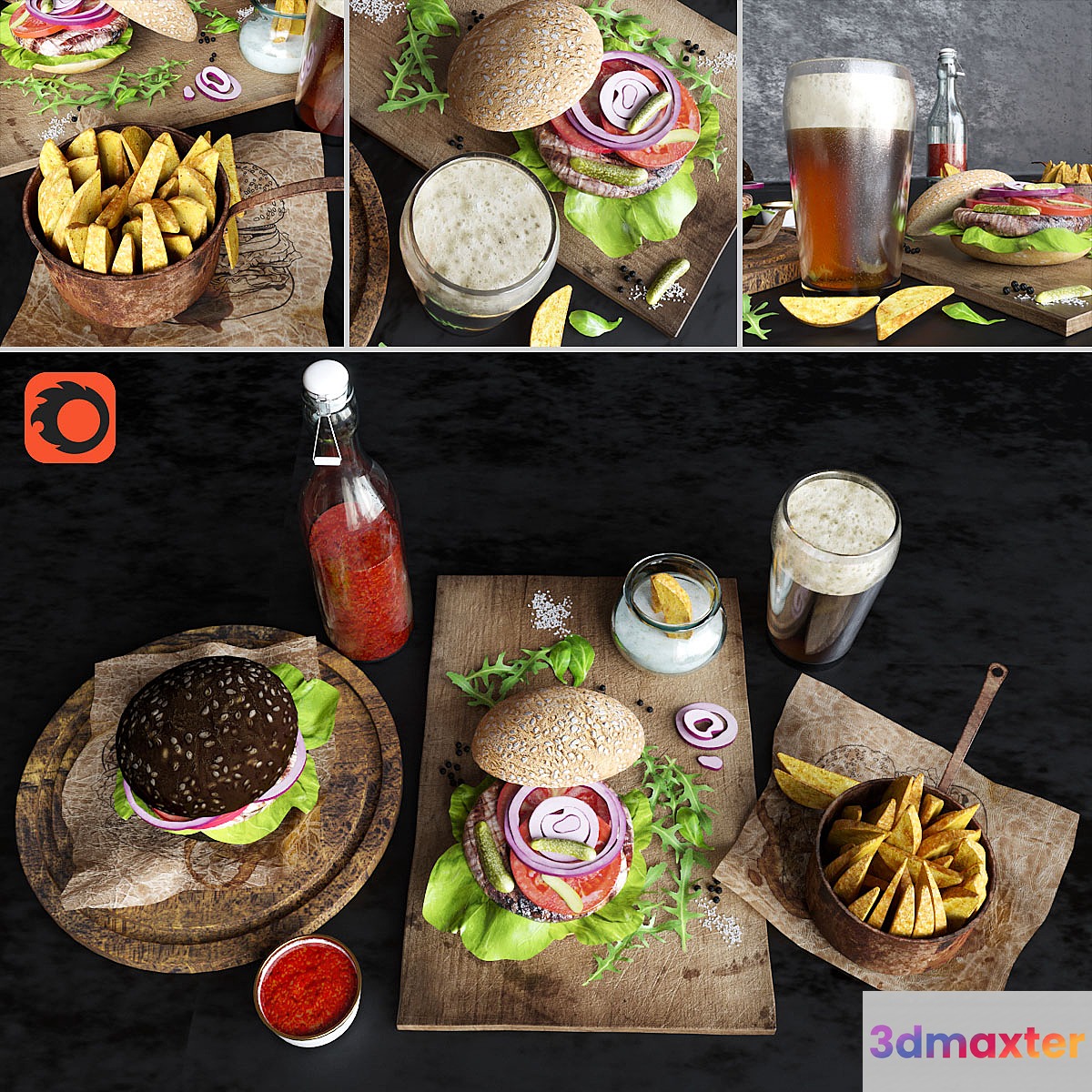 Burgers with potatoes and beer