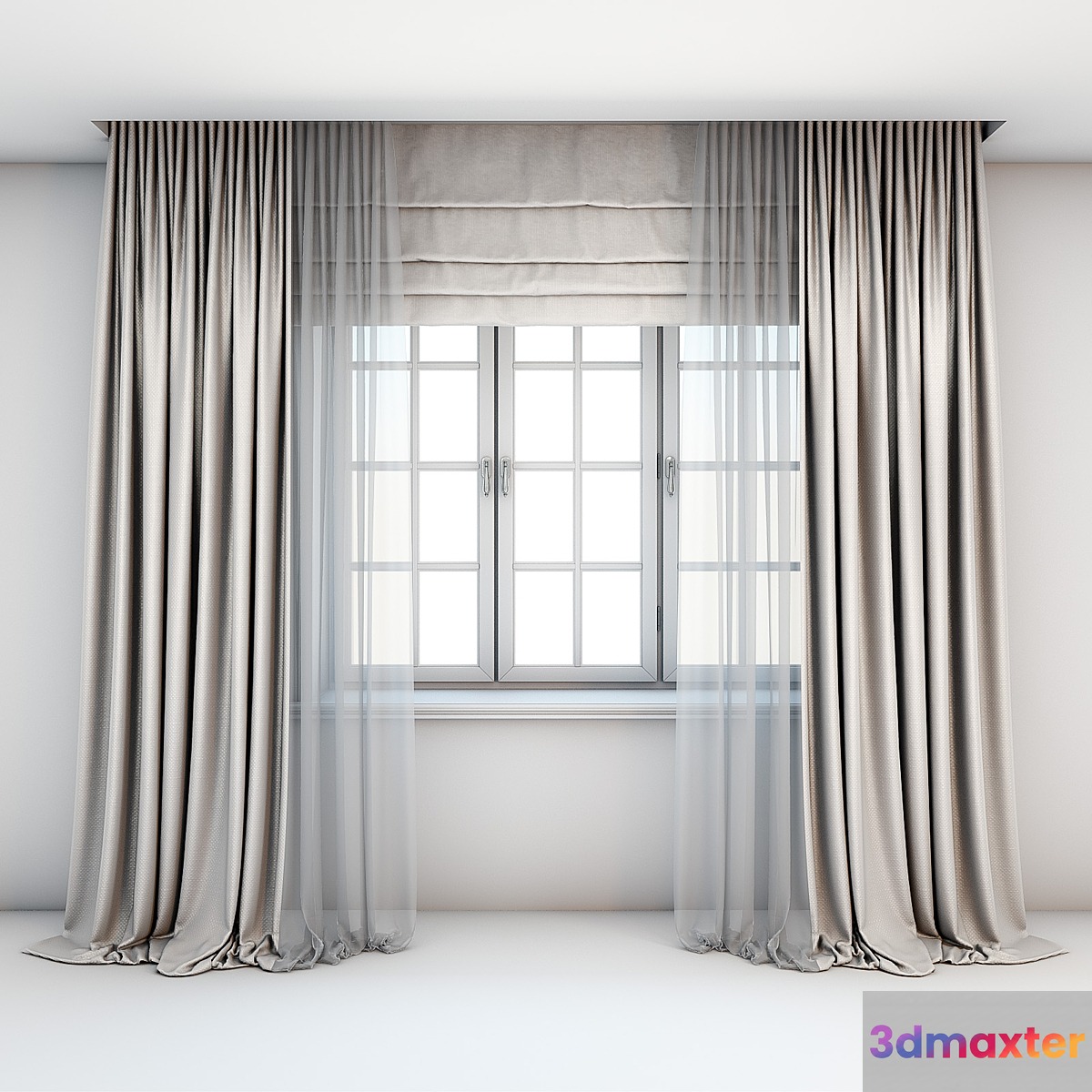 Light beige curtains in the floor with tulle decoration Roman curtains and a window with layouts.