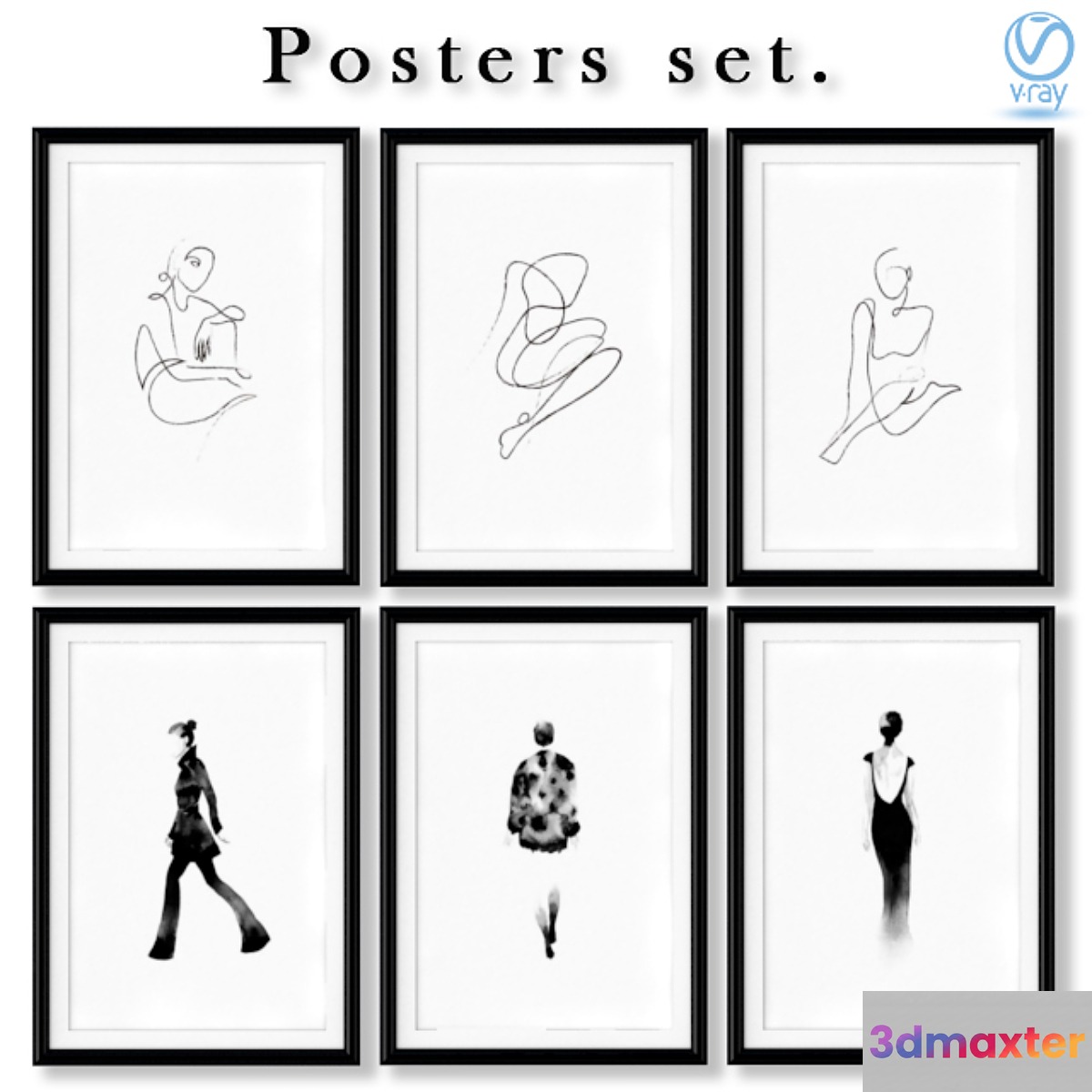 Collection of black and white abstract posters about fashion. 3D Max