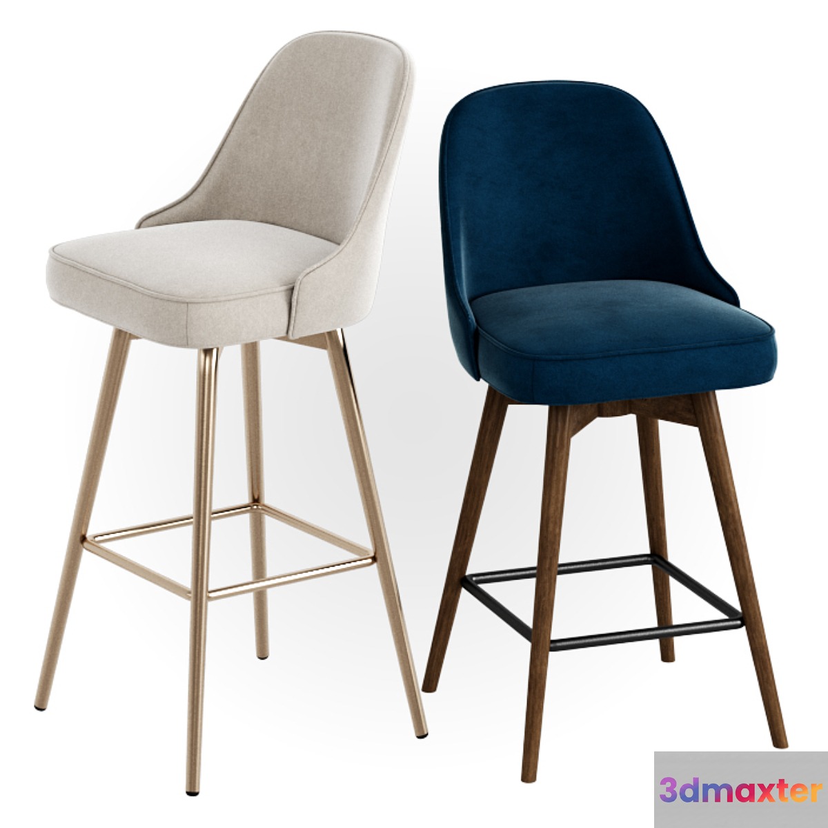 WEST ELM Mid-Century Velvet Swivel Bar + Counter Stools 3D Max