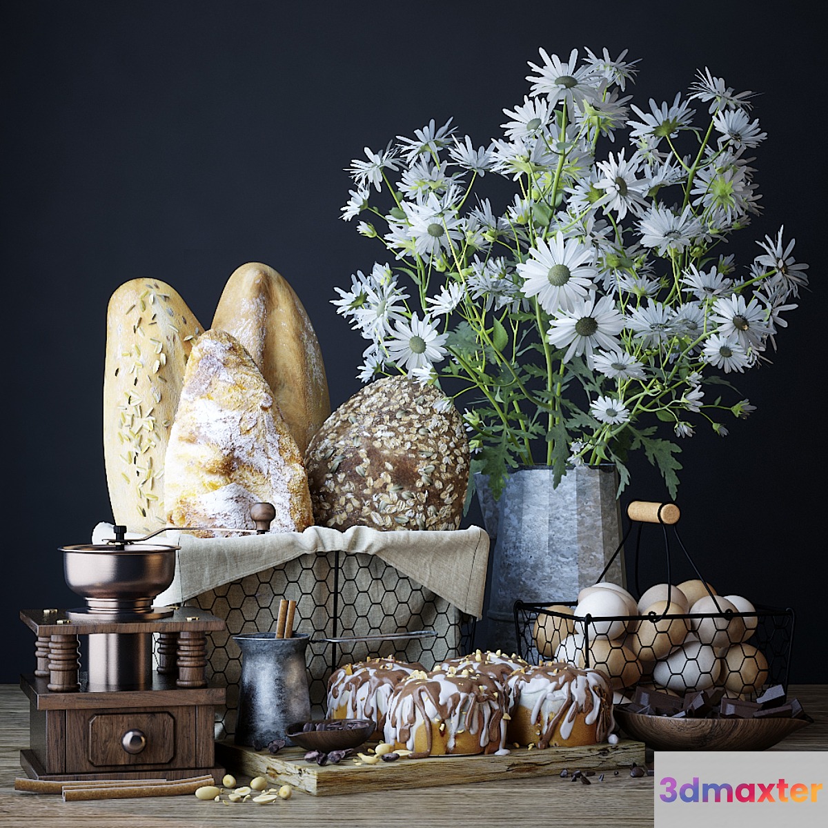 Kitchen set with bread and cinnapons
