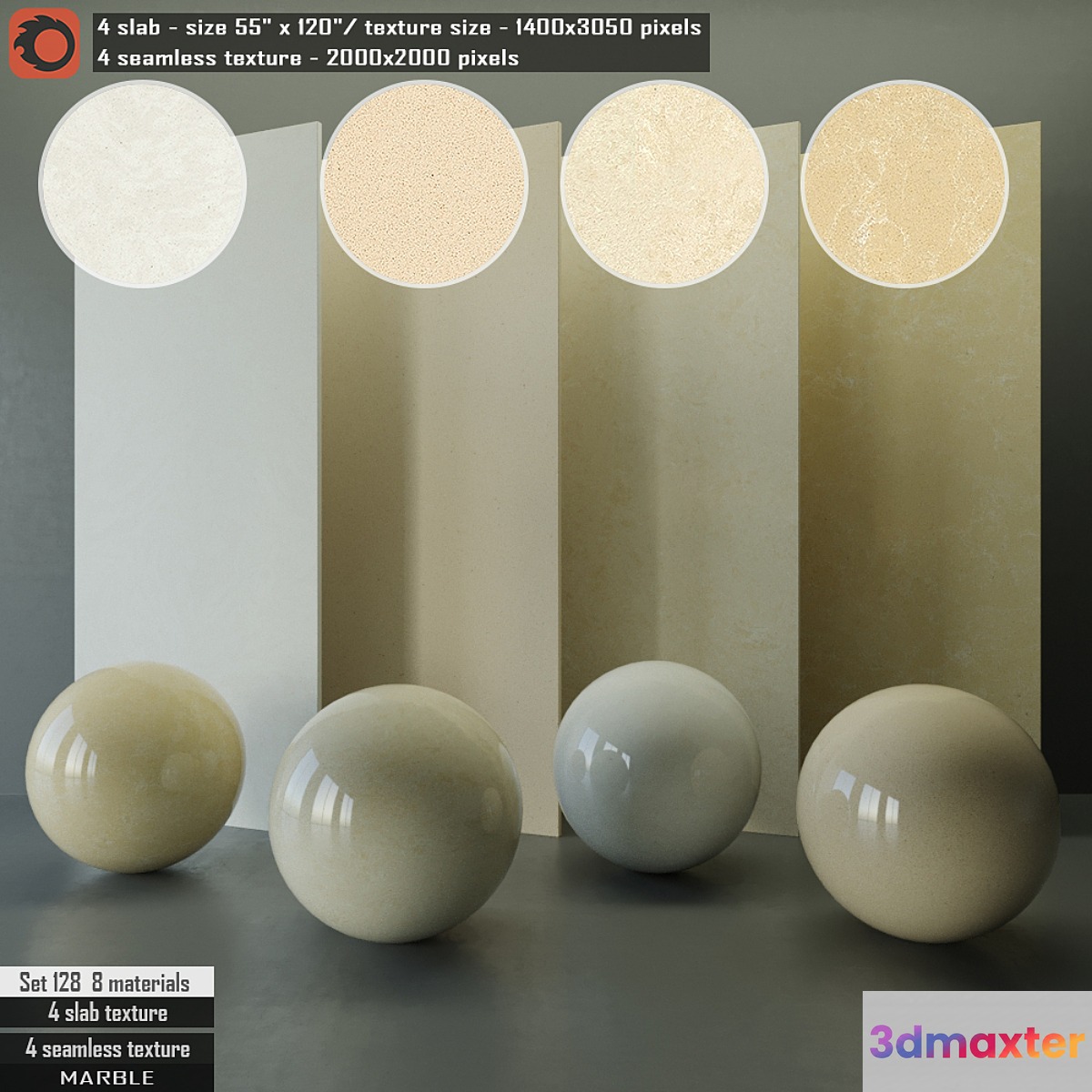 Marble Slab & Seamless texture Set 128 3D Max