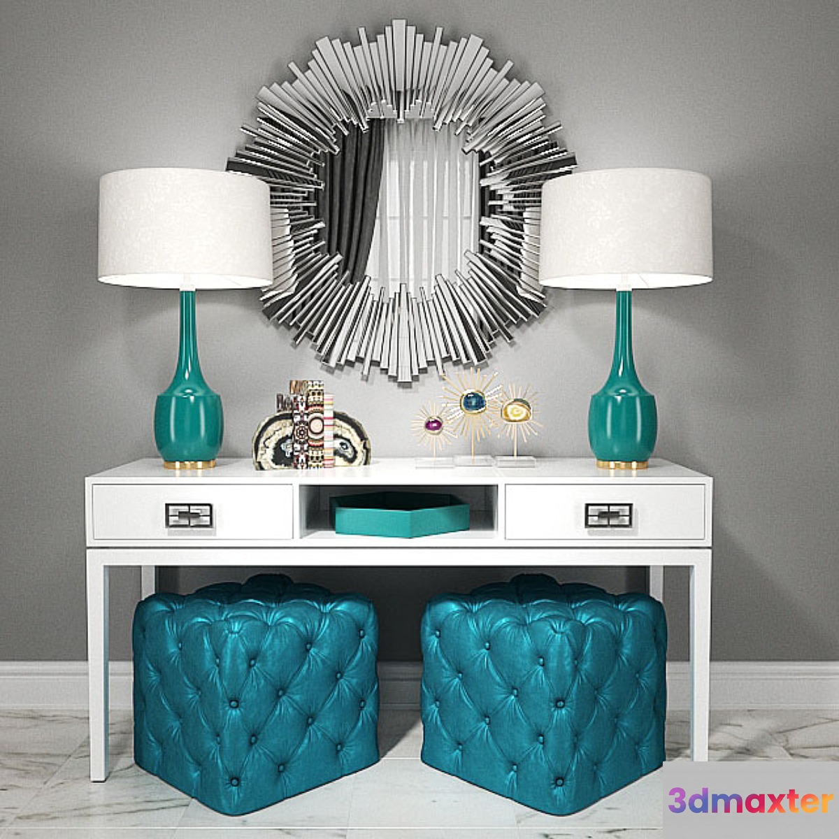 Dressing table with puffs lamps and decor