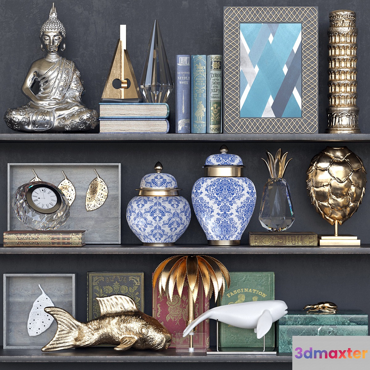 Shelf with a collection of decor books and accessories to create coziness