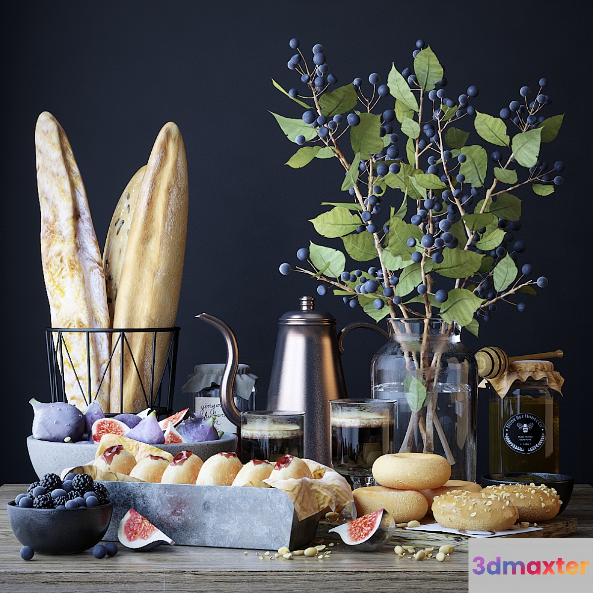 Kitchen set with bread and donuts