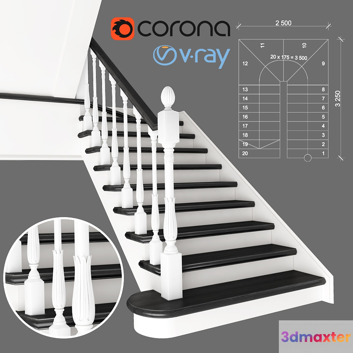Two-staircase ladder with staggered steps 3 version 3D Max
