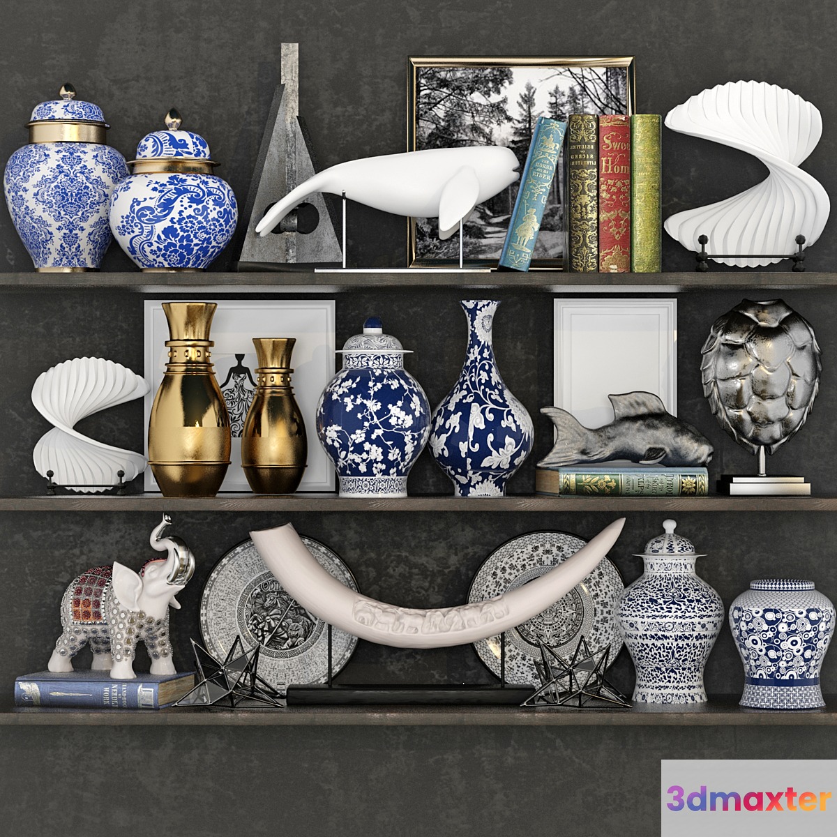 Decorative set with vases books and figurines 23 3D Max