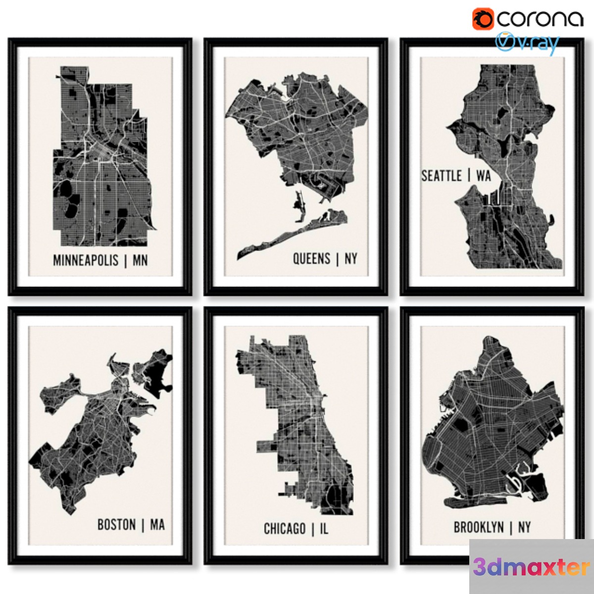 A series of posters with maps of cities and regions.