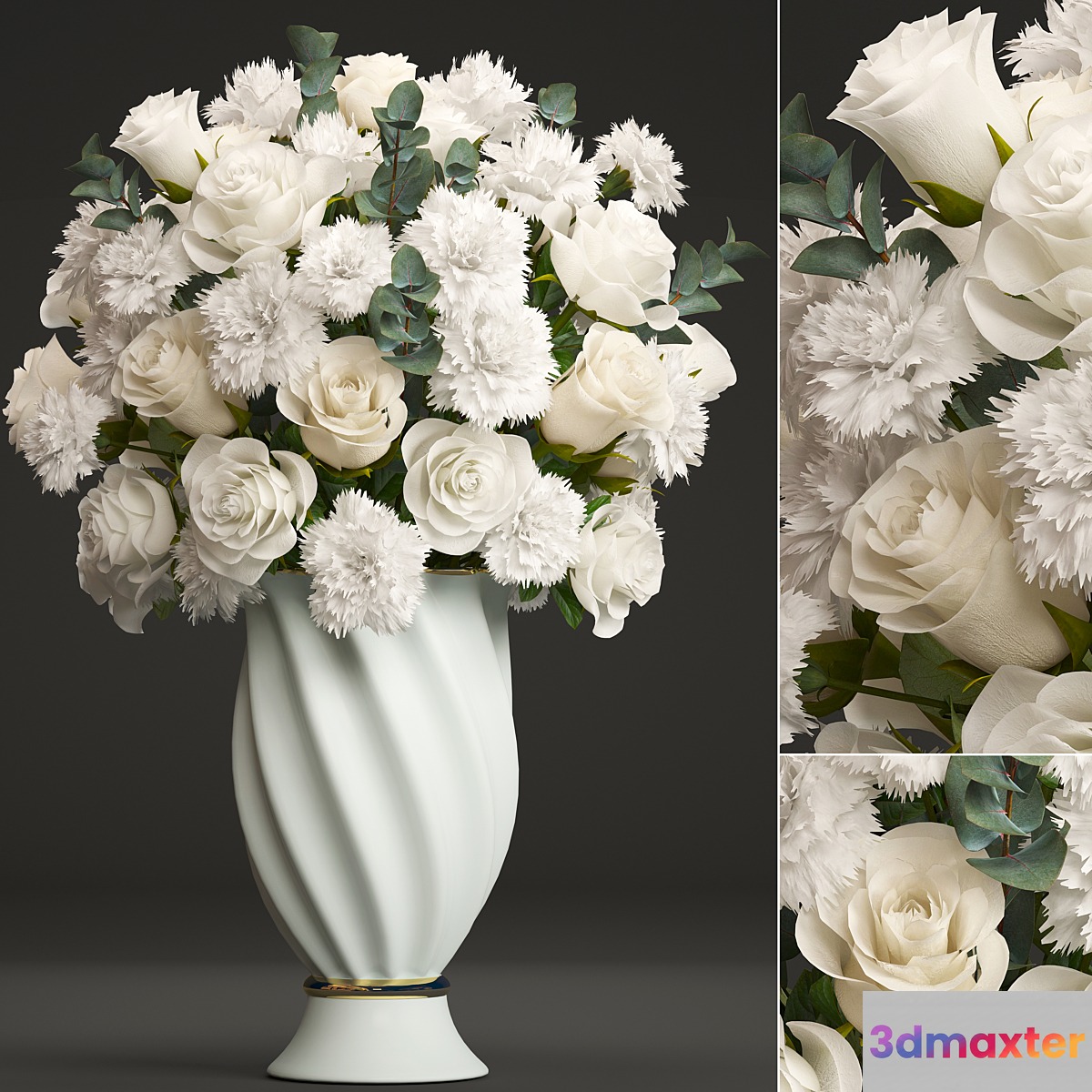 Bouquet of white flowers 35. Spring bouquet vase eucalyptus white rose carnation luxury decor classic vase 3D Max
