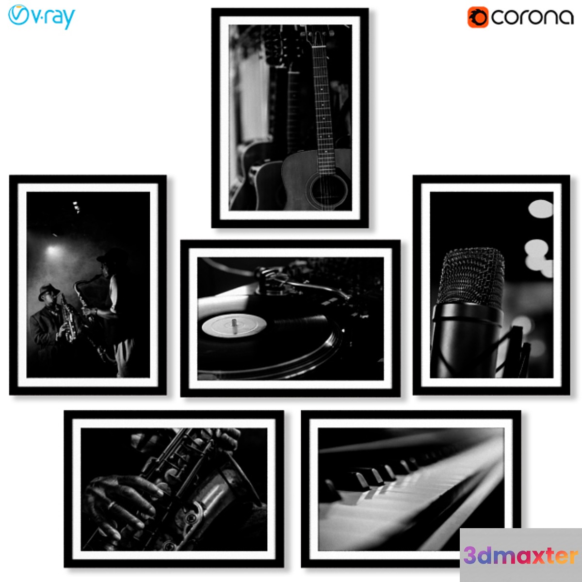 A series of black and white posters with musical instruments. 3D Max