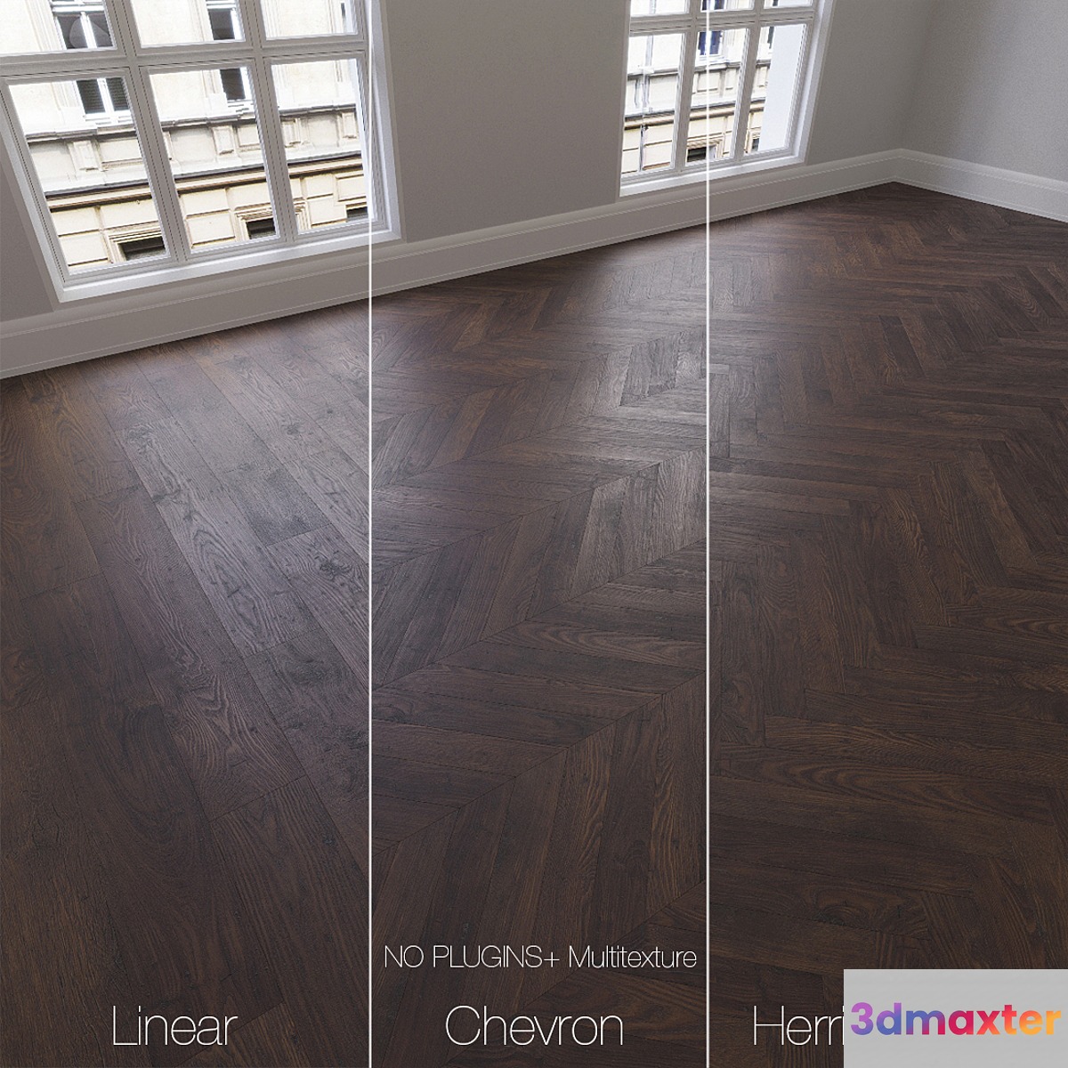 Parquet natural Oak Whiskey 3 types. Linear chevron herringbone. 3D Max