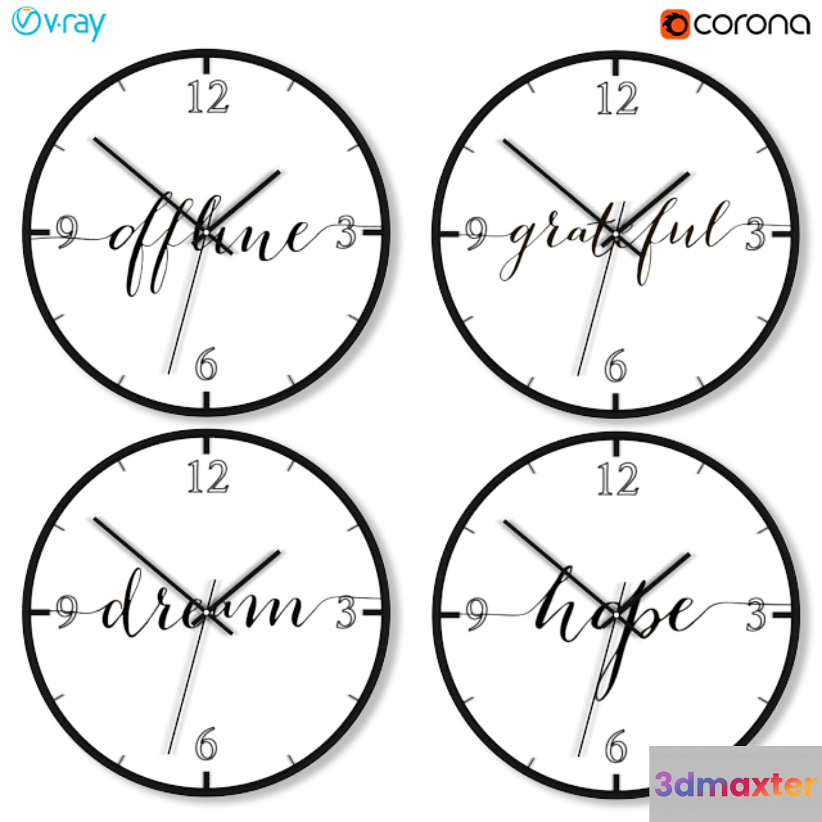 A set of wall clocks with motivational inscriptions.