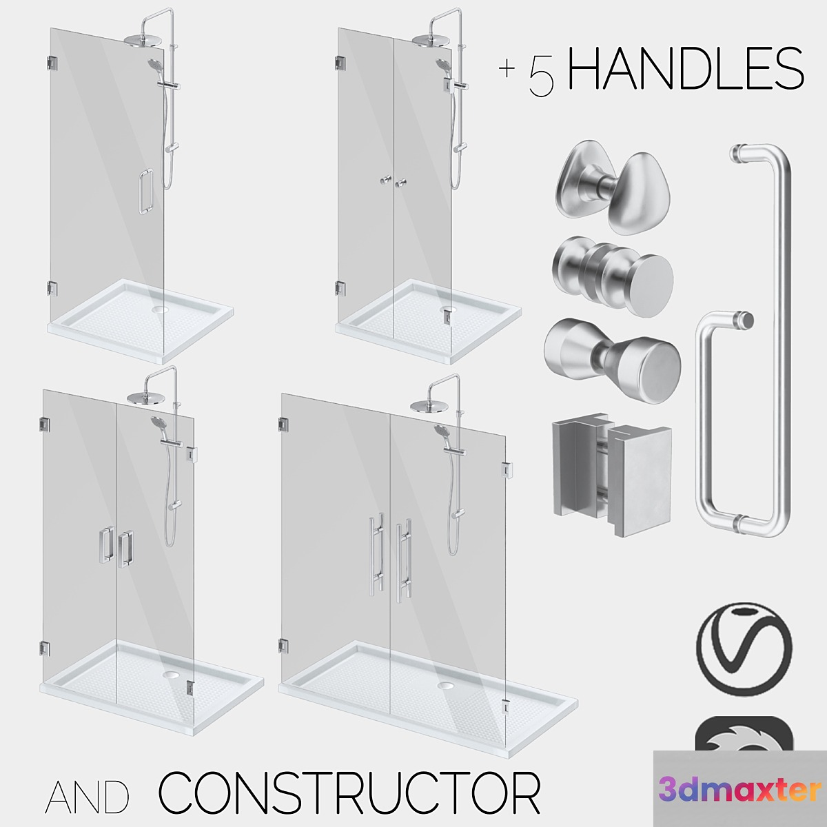 Glass shower cabins designer and a set of handles 3D Max
