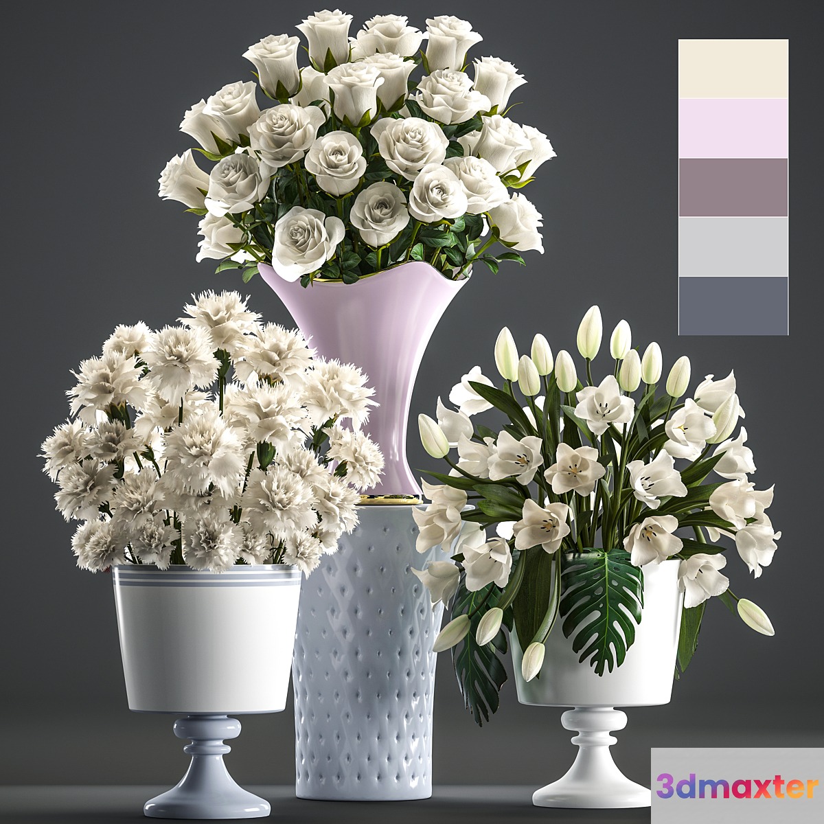 Set of white flowers 58. White bouquets pot flowerpot white tulips white roses carnation vase 3D Max