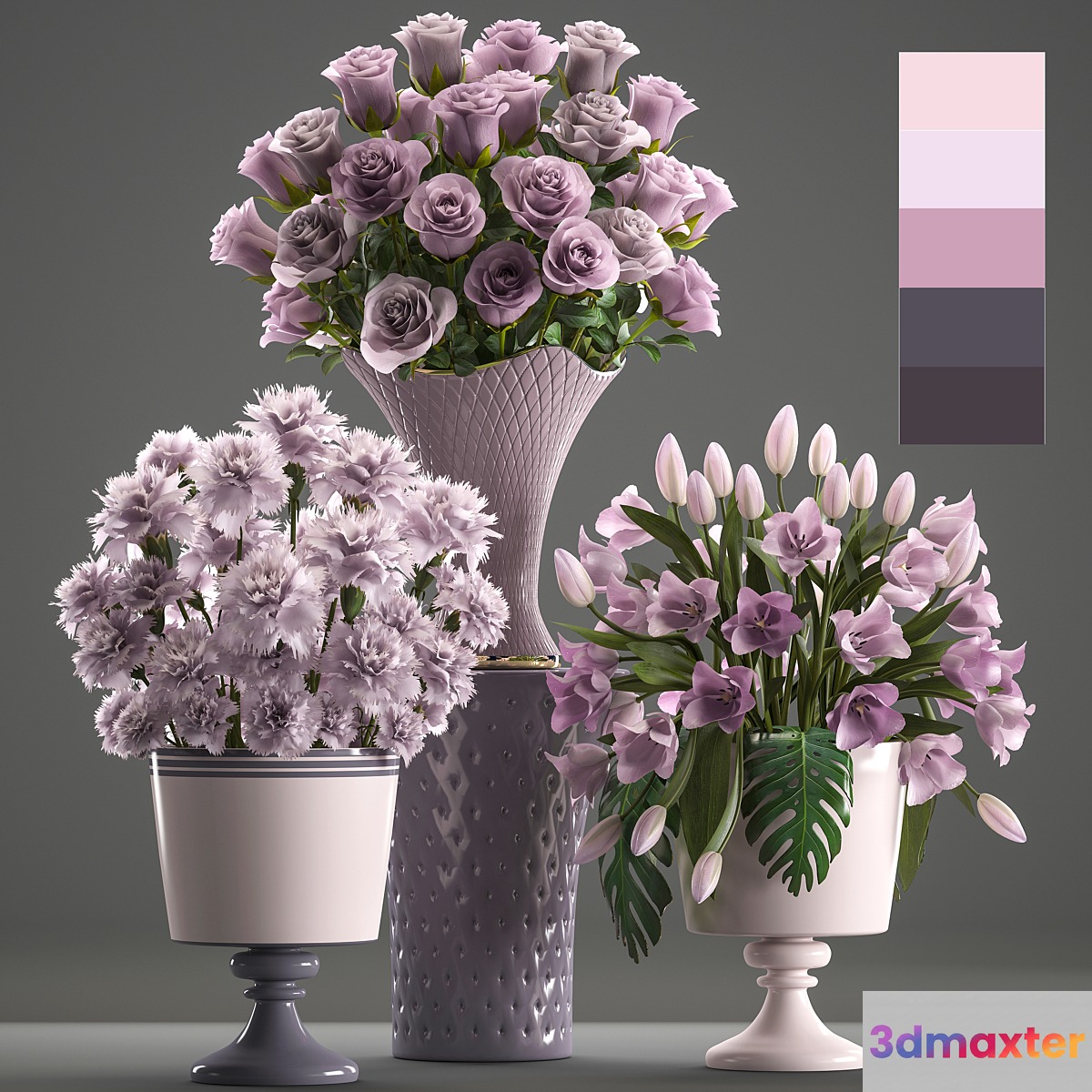 Bouquets set 59. flower bouquet tulip rose vase carnation decor 3D Max