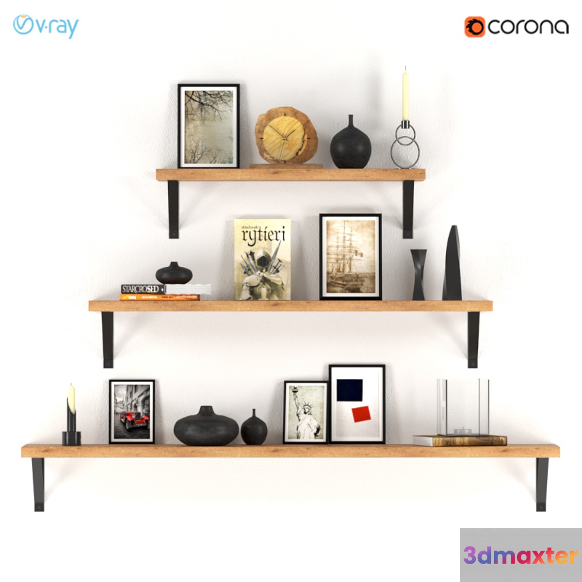 Decorative set of three shelves with filling.