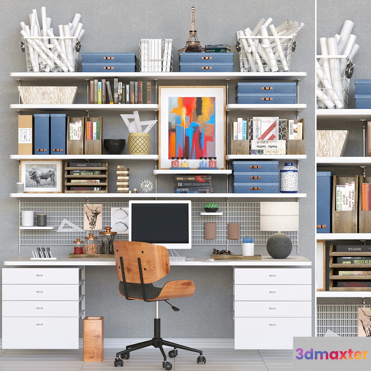 Collection of office furniture. Table with chair and stationery 10