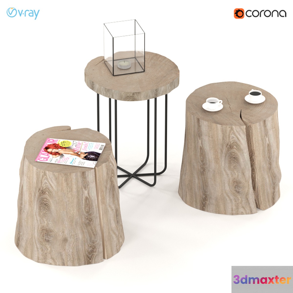Three tables of stumps and slabs on metal legs. 3D Max