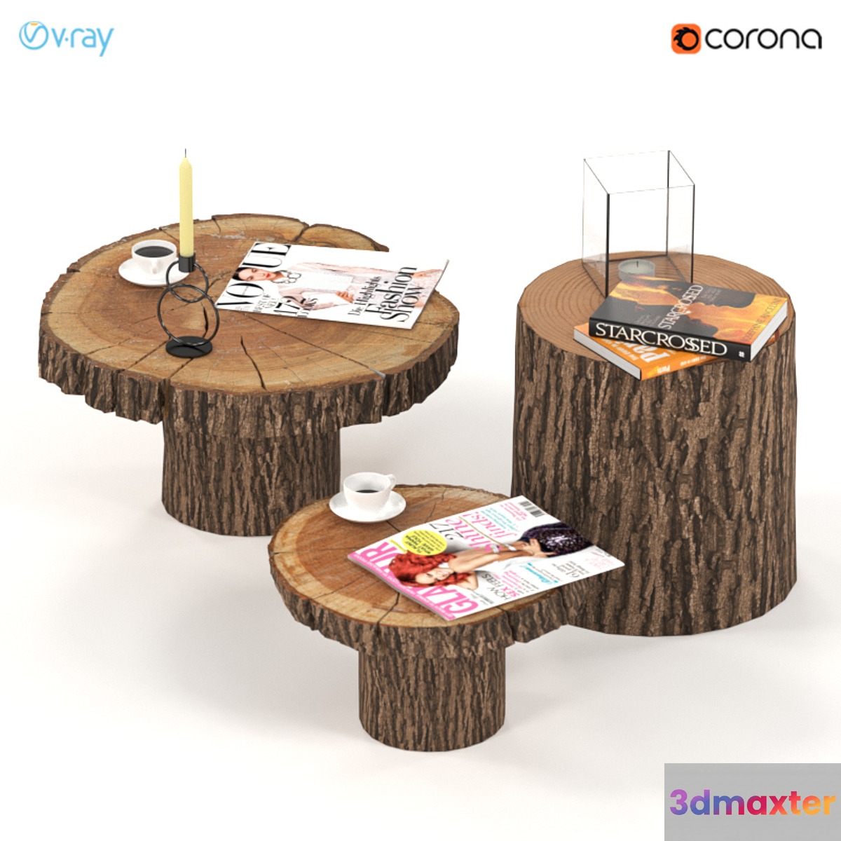 A set of coffee tables from slabs and stumps. 3D Max
