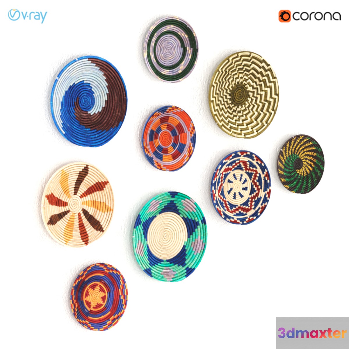 Wicker African wall baskets from Uganda. 3D Max