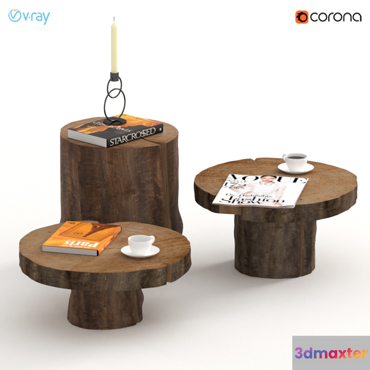 A set of dark tables of stumps and slabs. 3D Max