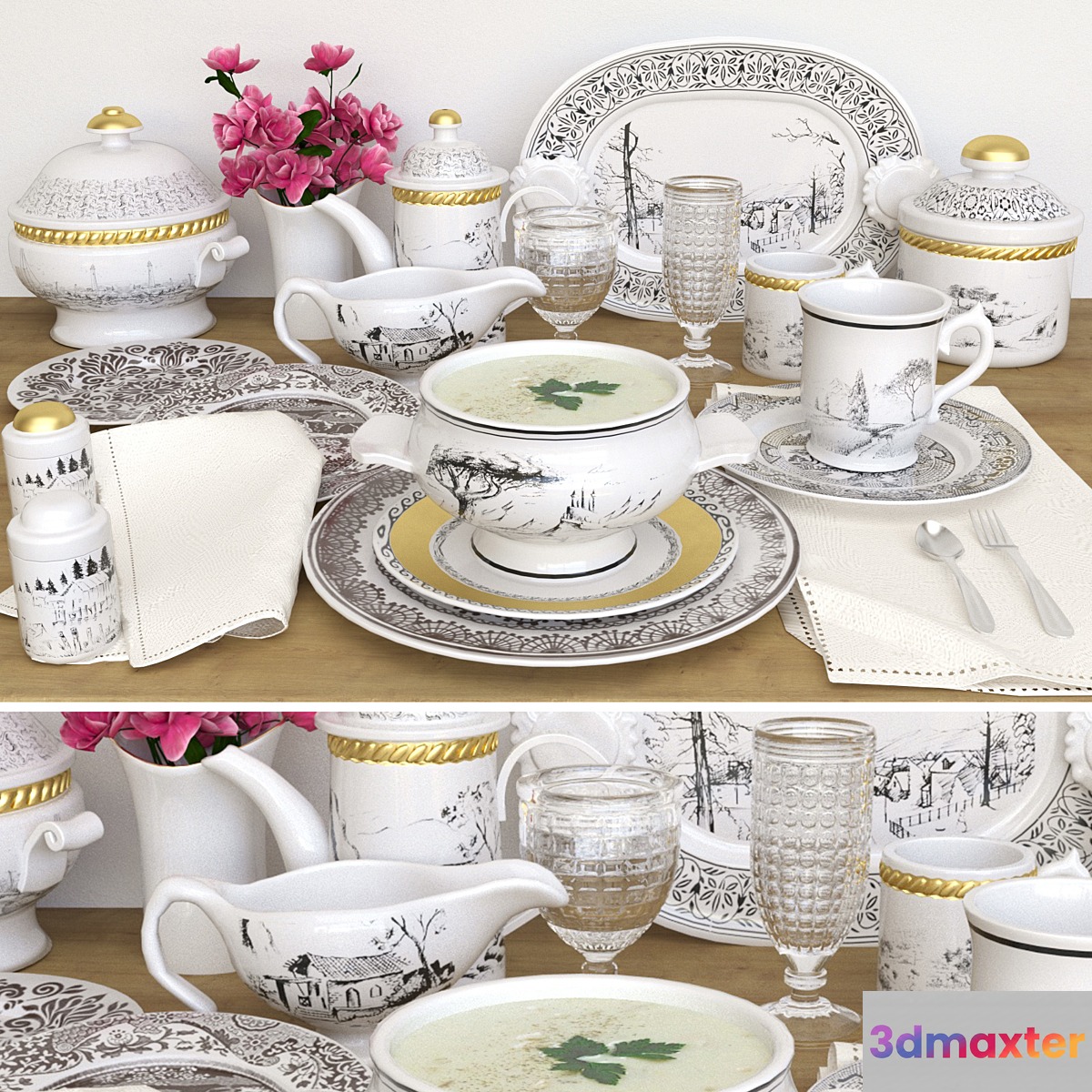 Set of dishes. Table setting 3D Max