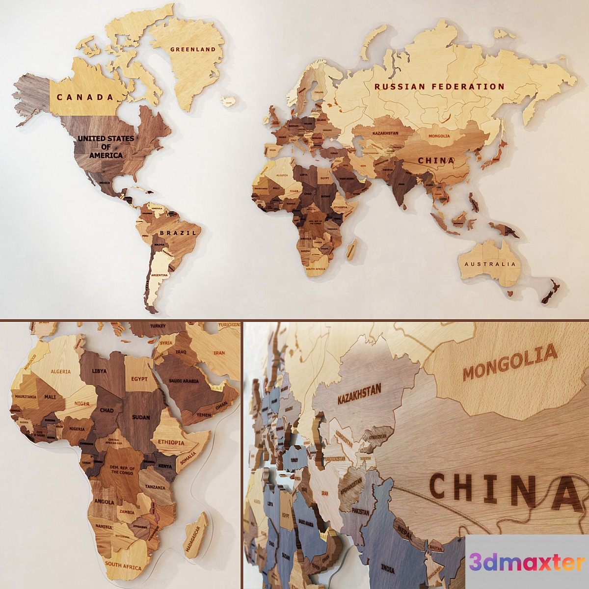 A world map made of wood.