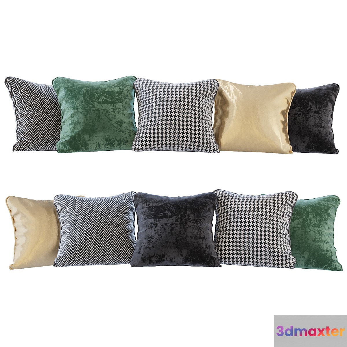 A set of pillows: black green velvet chevron goose paw and gold (Pillows black green velvet chevron houndstooth and gold)
