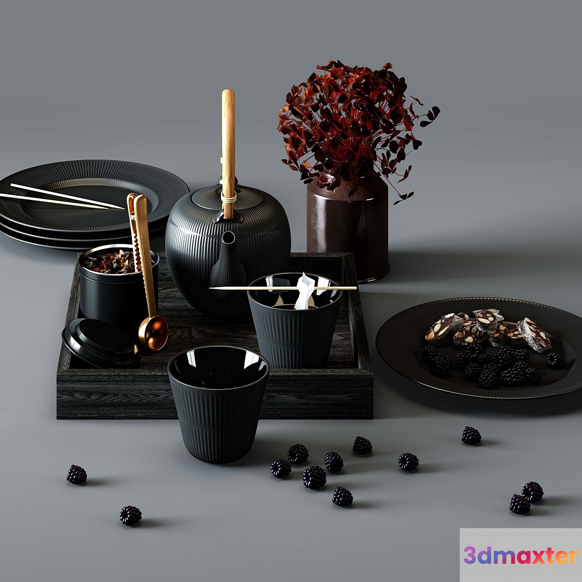 BLACK FLUTED set - thermal teapot plates and cups