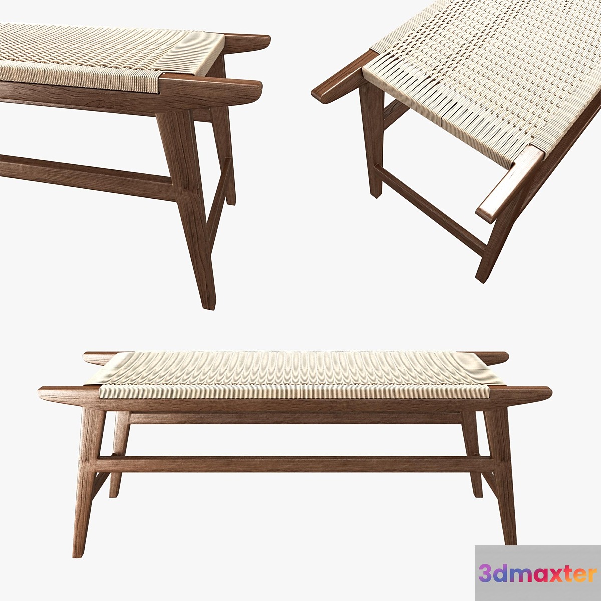 Mid Century Bench in solid walnut 3D Max