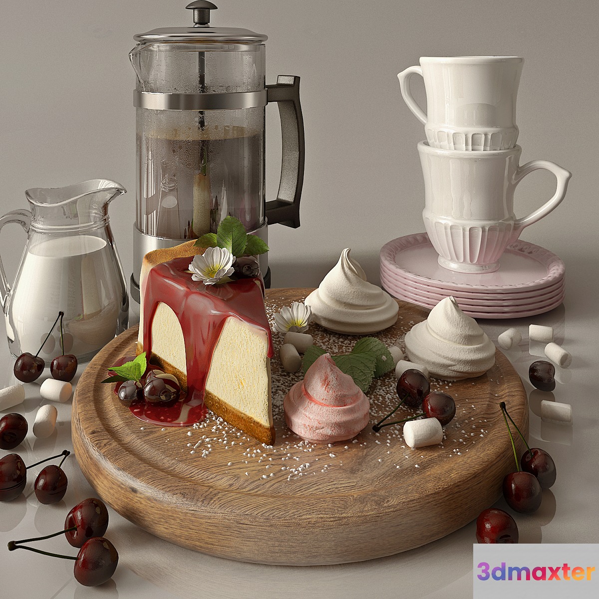 Kitchen set with cofee and cherry cheesecake 3D Max