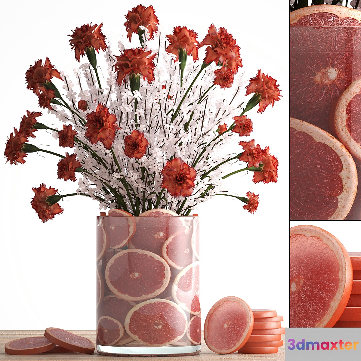 A bouquet of flowers 64. Carnations sakura branches flowers decor from grapefruit slices citrus 3D Max