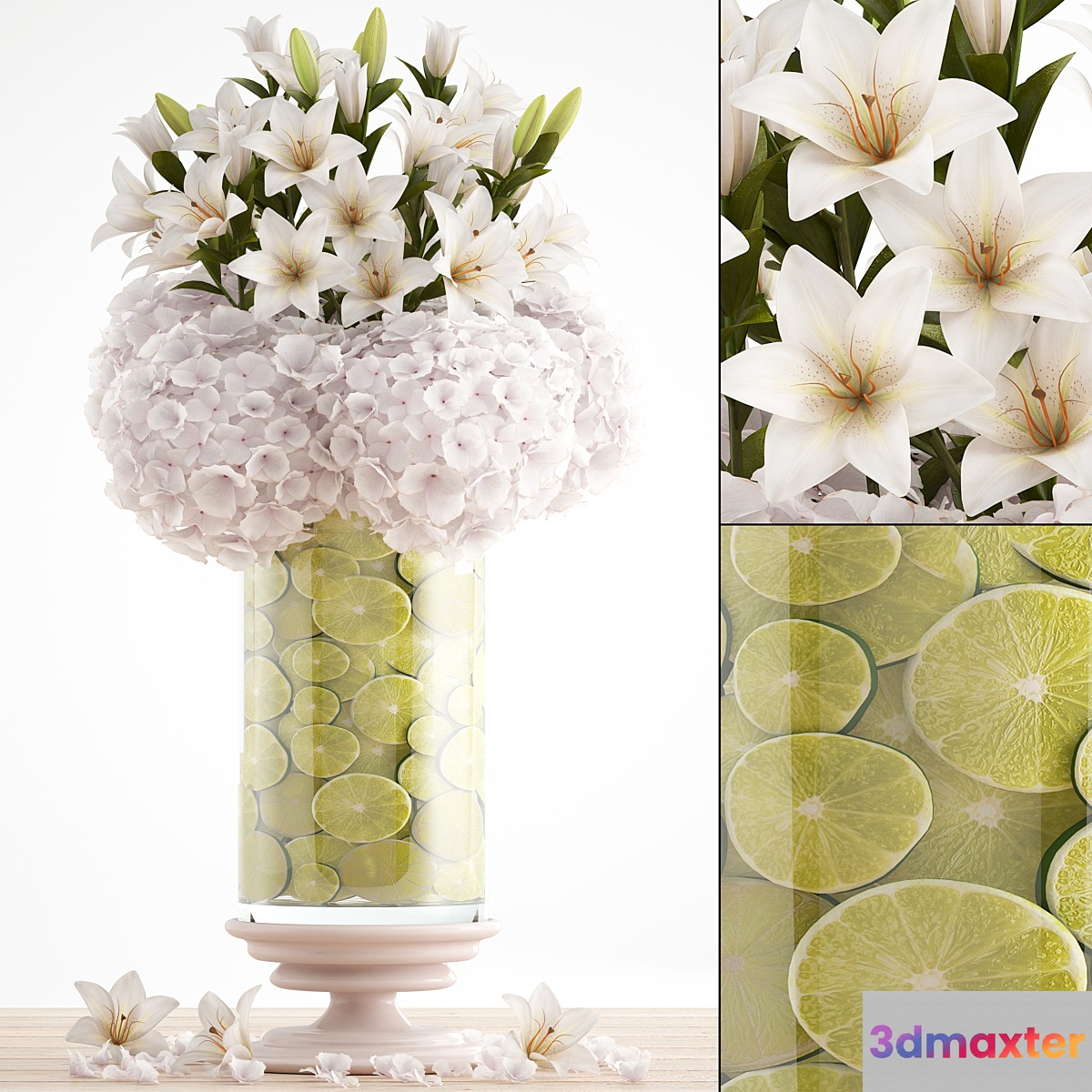 Bouquet of flowers 65. White hydrangeas Lily decor lemon vase lemon slices 3D Max
