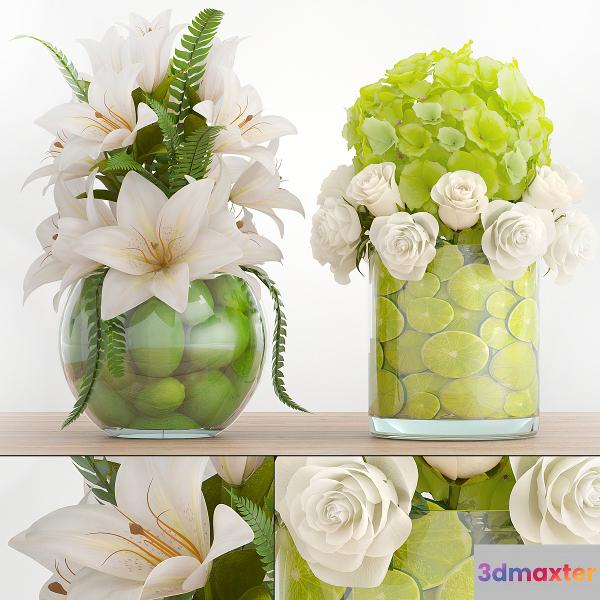 Bouquet of flowers 66. White flowers lilies hydrangea vase with lemon 3D Max