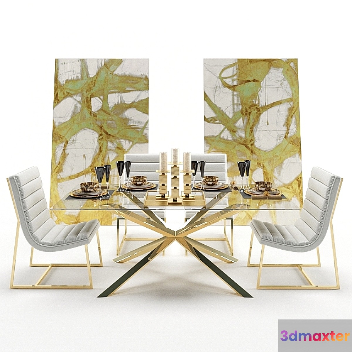 Dining table glass with armchairs and decor 3D Max