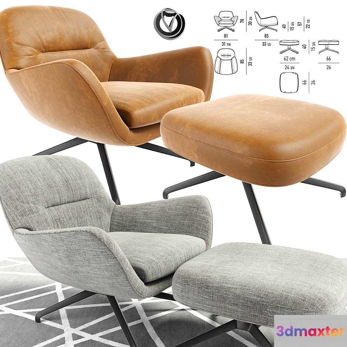 Minotti Jensen Arm Chair With Pouf And Carpet 3D Max