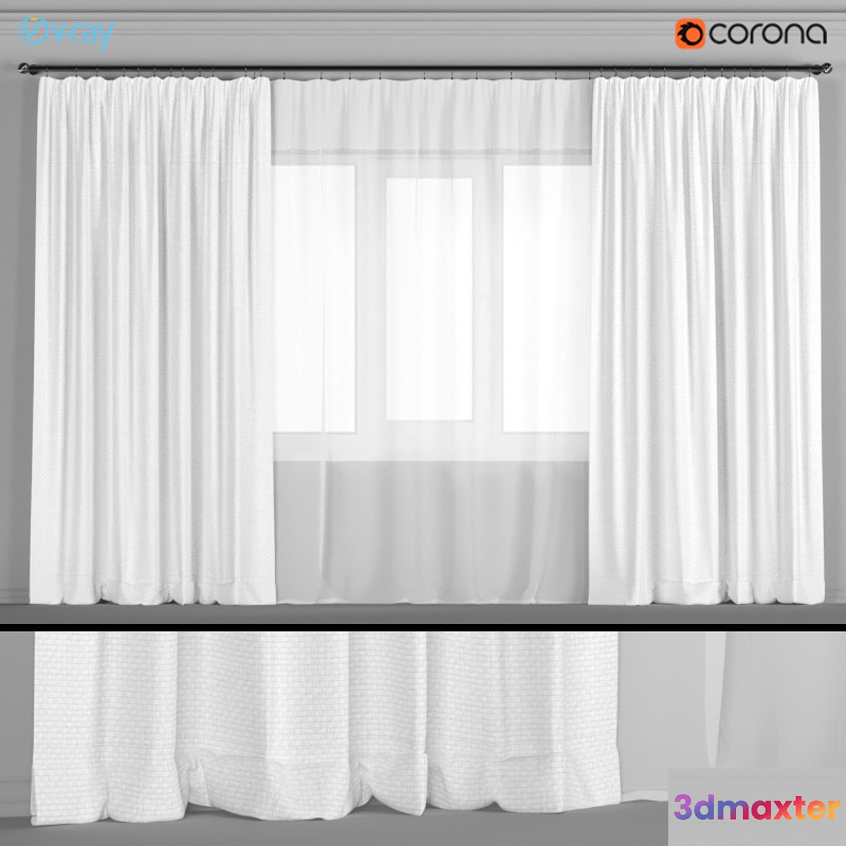 Wide white curtains with tulle.