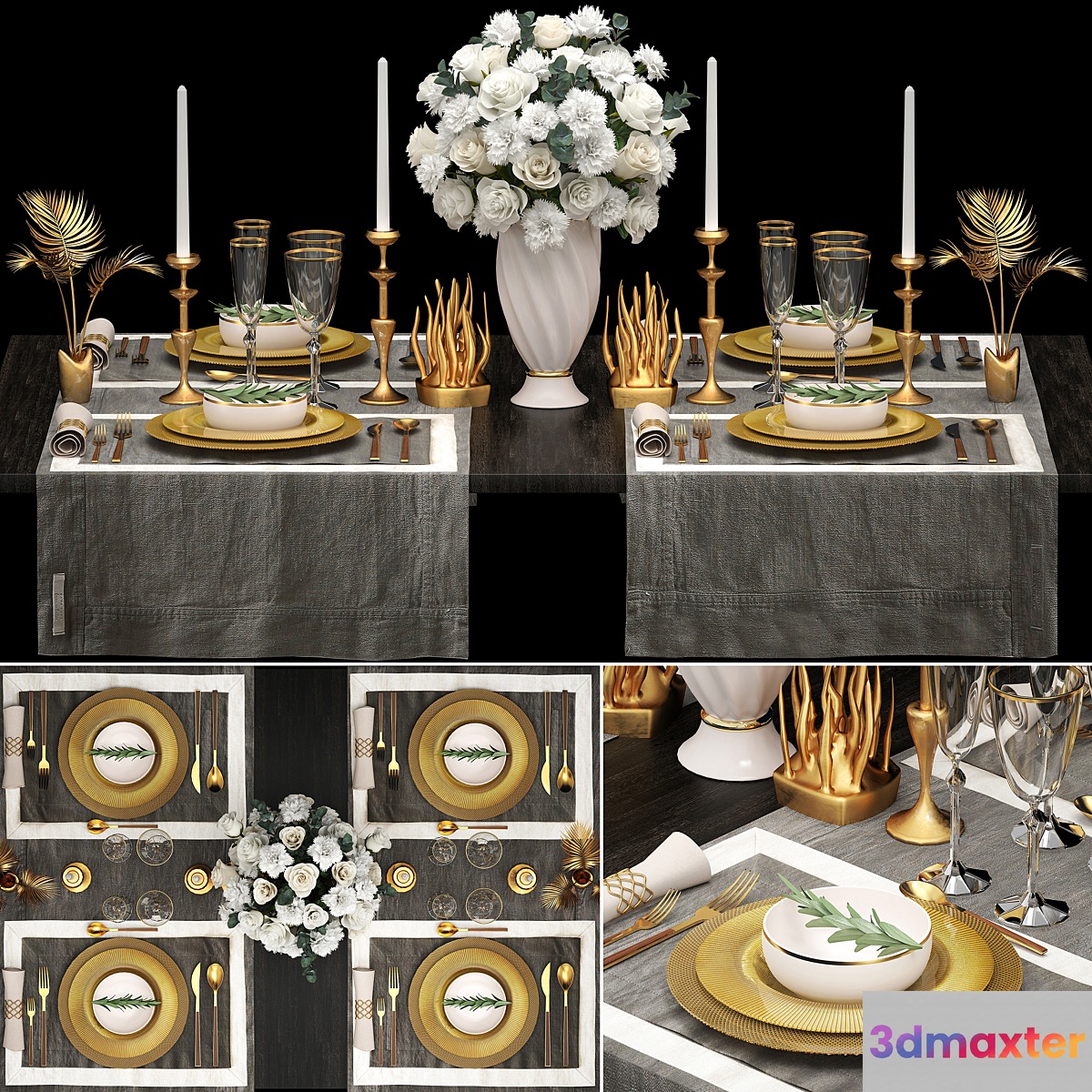 Table setting 2. ZARA HOME. white bouquet gold decor luxury table decoration cutlery candles