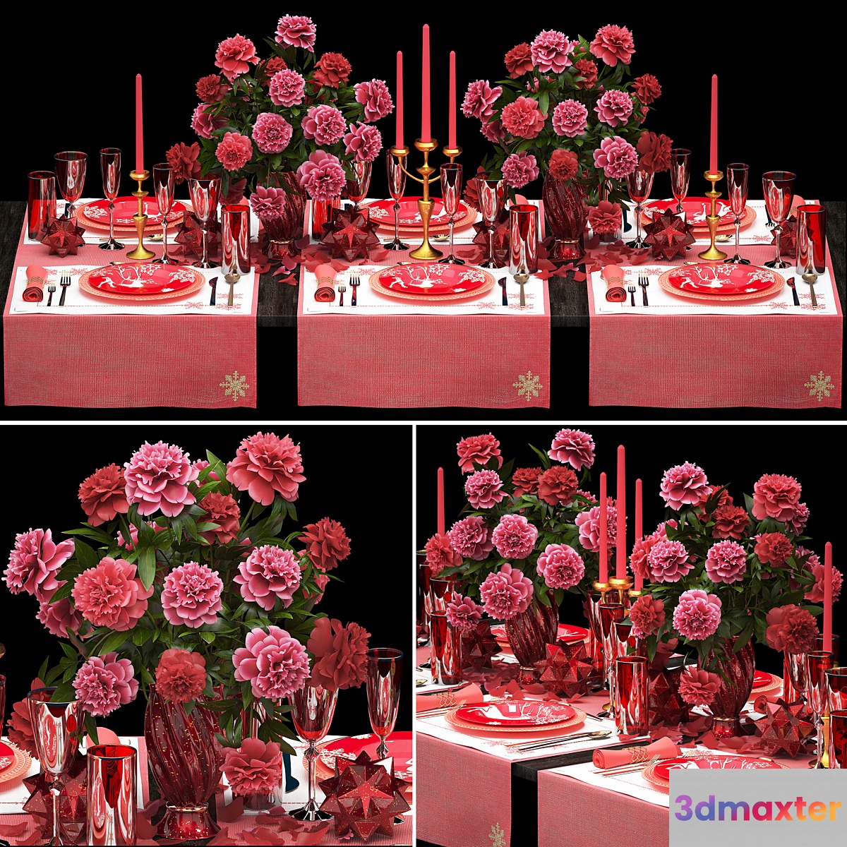 Table setting 5. ZARA HOME. appliances tablecloth decor bouquet of flowers peonies glass vase luxury decor table decoration cutlery candles stylish festive solemn 3D Max