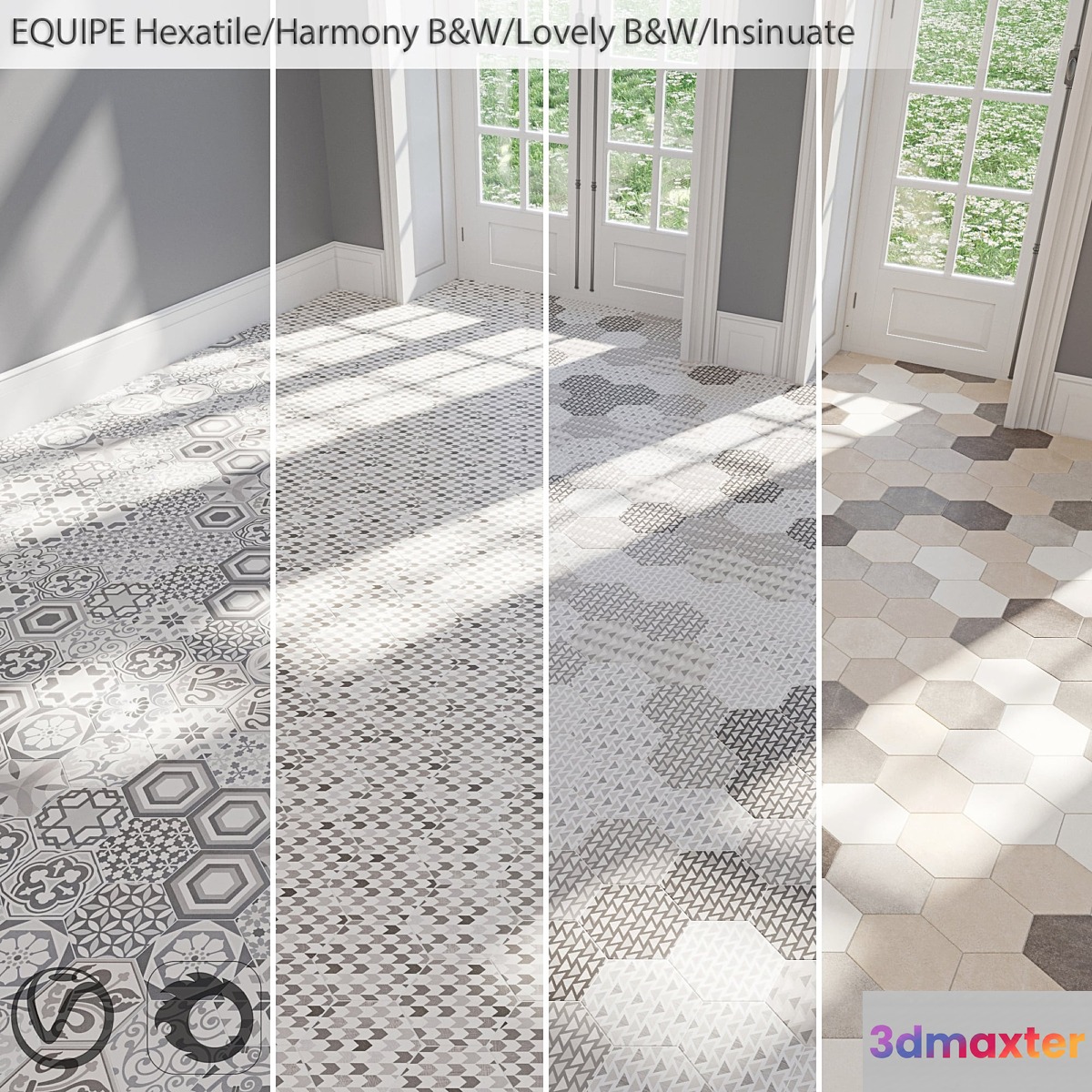 EQUIPE Hexatile _ Harmony B & W _ Lovely B & W _ Insinuate Garden _ Sand _ Black _ Gray _ Mink _ Mud _ Sand _ White 3D Max