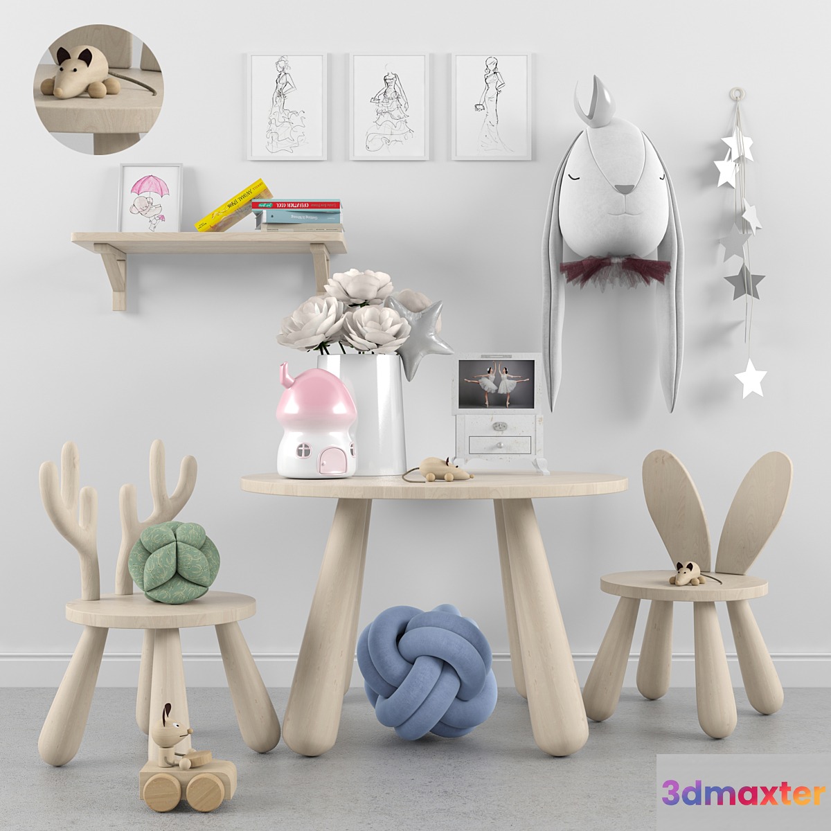 Decor for a children's room with toys 2. Table chair 3D Max