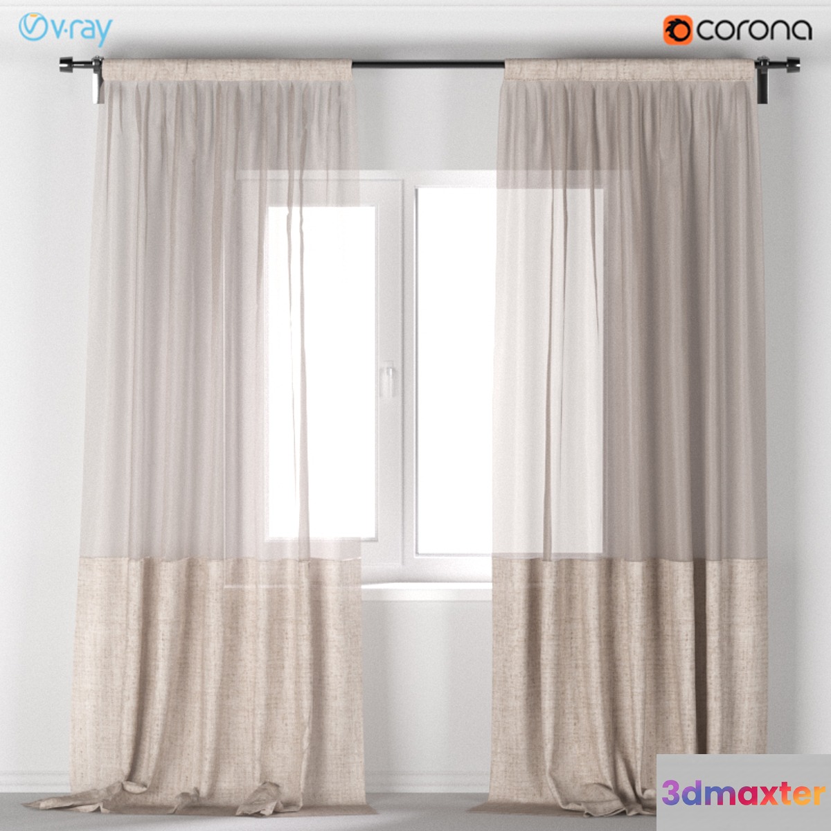 Light beige curtains of linen and tulle. 3D Max
