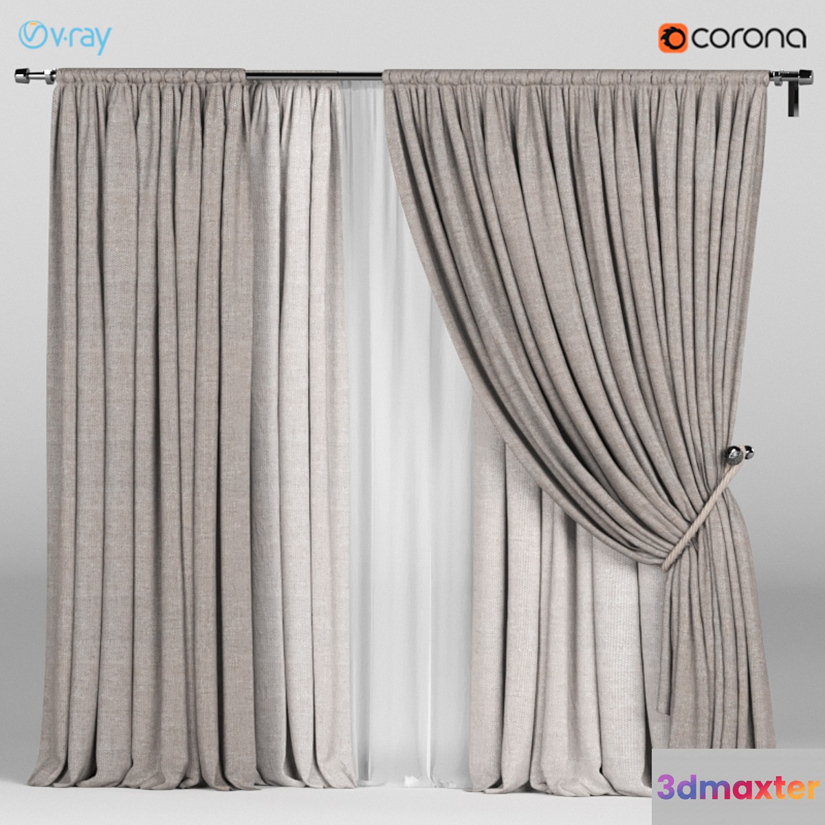 Wide brown curtains with a garter on a rope + white tulle. 3D Max