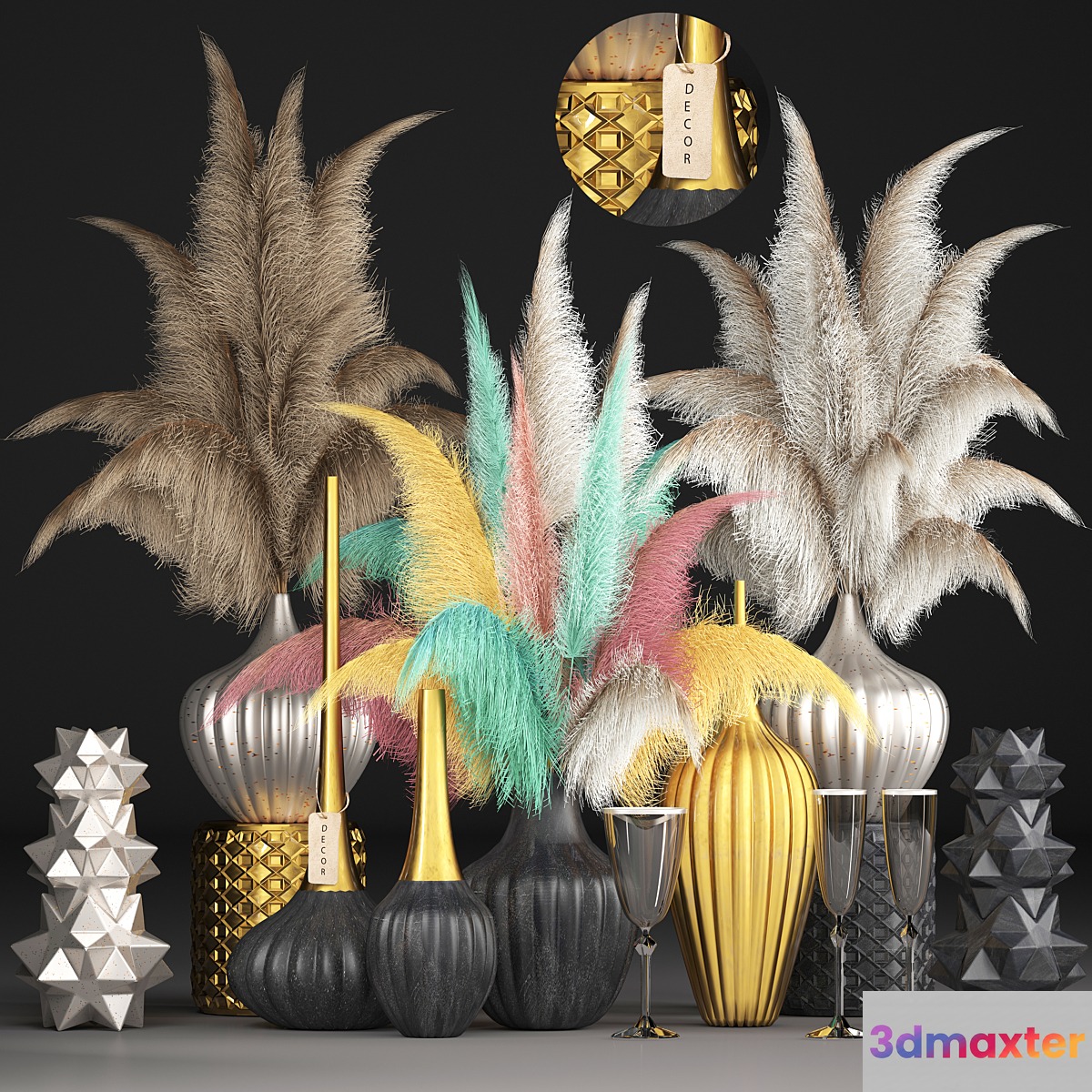Bouquet of dried flowers 74. Pampas grass dried flower vase Kartaderia reeds set natural decor table decoration eco decor set 3D Max