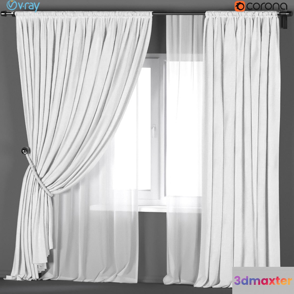 White curtains with a garter on a rope with white tulle. 3D Max