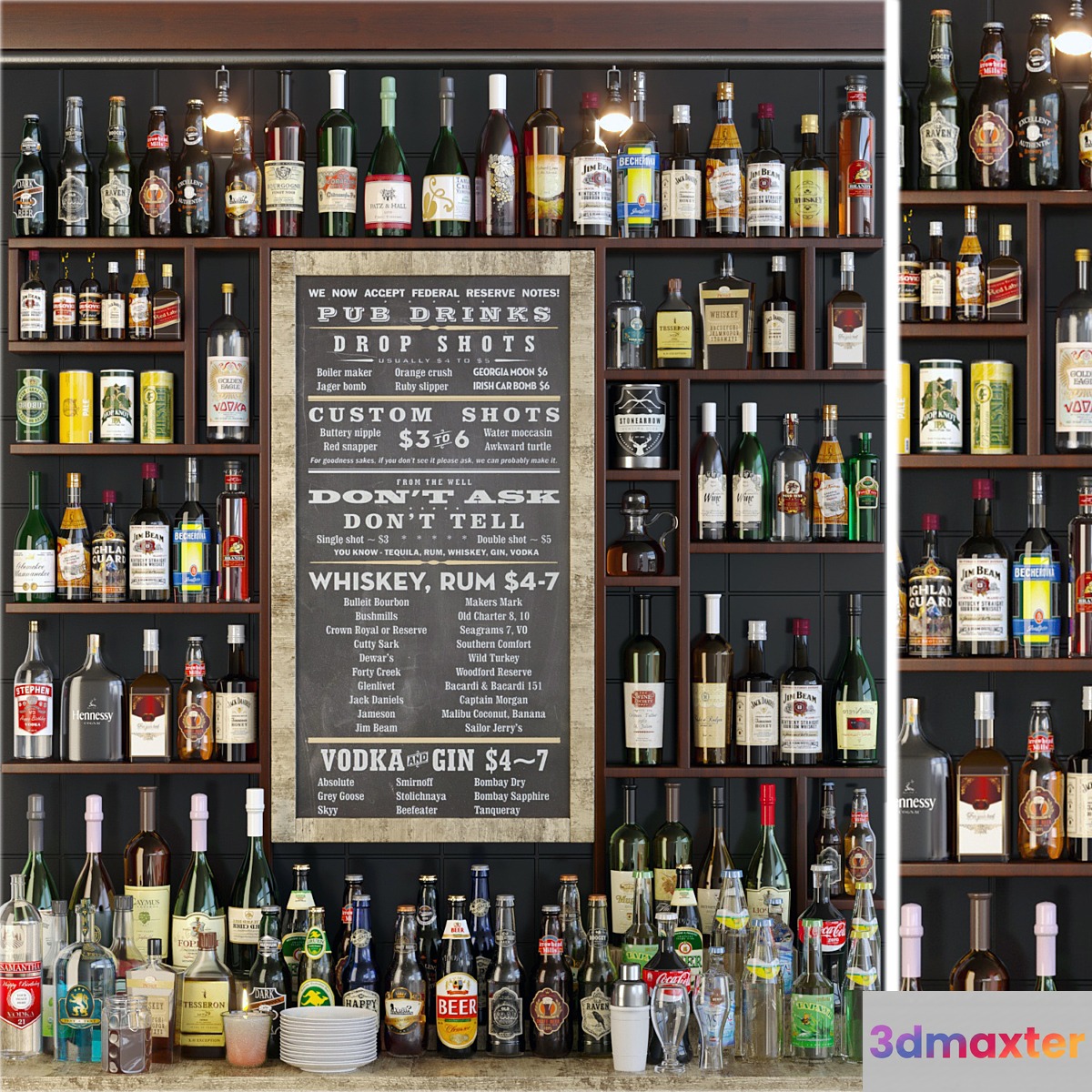 Showcase in the bar with a collection of strong alcohol and cocktails. Alcohol - No.2