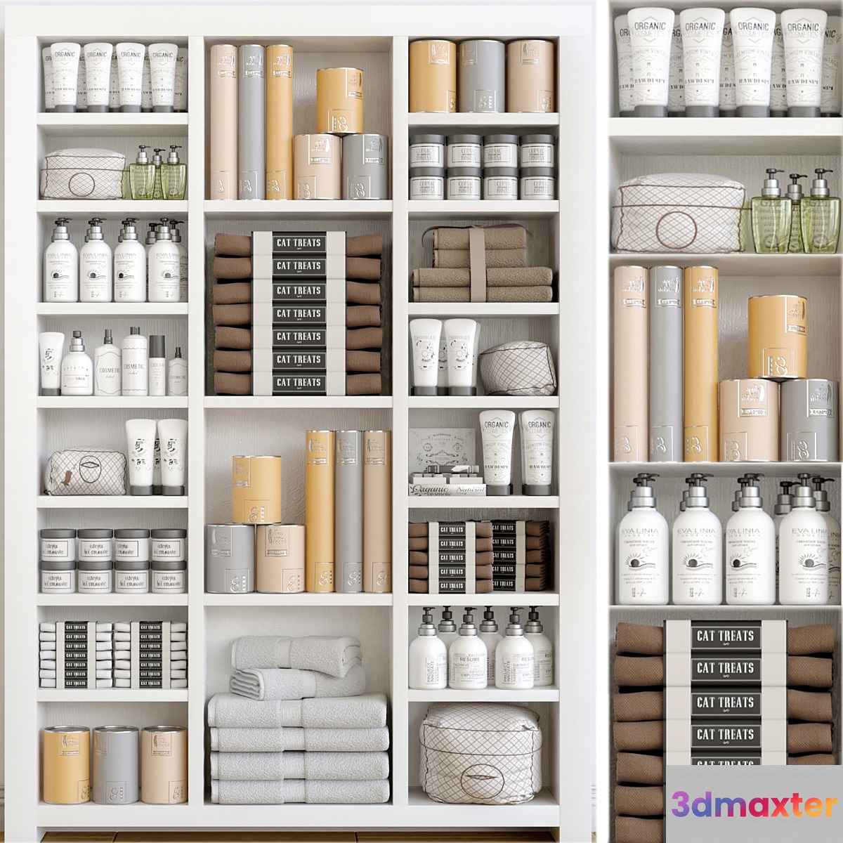Cabinet with a collection of white cosmetics 3. Make Up and bathroom accessories
